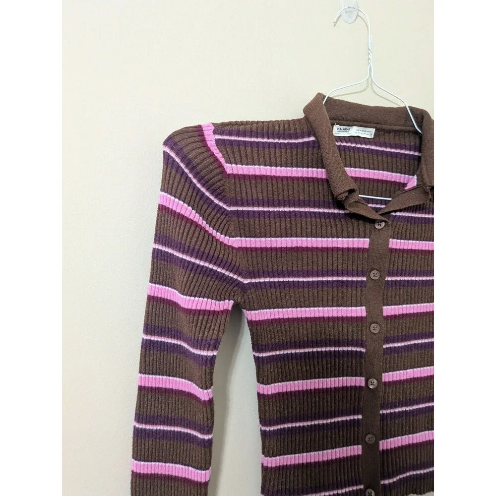 Y2K Brown & Pink Striped Ribbed Knit Polo Cardigan Crop Top